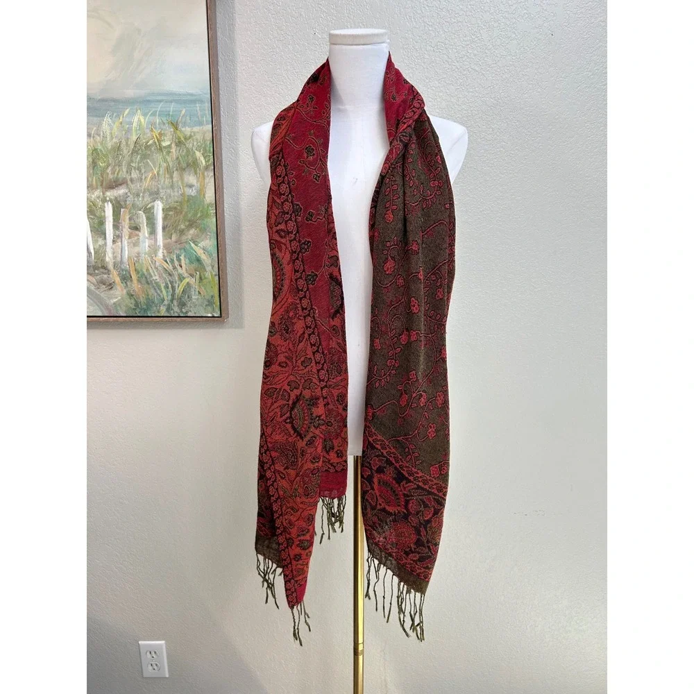 Red Brown Paisley Pashmina Shawl Reversible Fringe Wrap Scarf Bohemian Floral